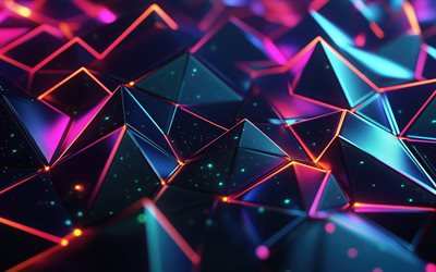 antecedentes de neón 3d, antecedentes digitales 3d, fondo de polígono 3d, iluminación de neón, textura 3d, fondo de líneas de neón