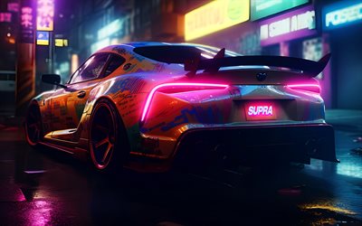 トヨタスープラ, 4k, バックビュー, チューニング, バックライト, サイバーパンク, スーパーカー, アートワーク, トヨタ