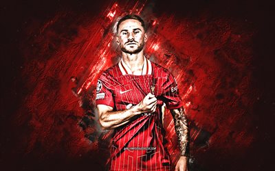 Alexis Mac Allister, Liverpool FC, Argentine footballer, red stone background, grunge art, football, Premier League, England, Mac Allister Liverpool