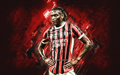 rafael leao, ac milan, portekizli futbolcu, kırmızı taş arka plan, grunge art, futbol, serie a, italya, leao milano