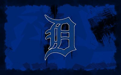 detroit tigers grunge logosu, 4k, mlb, mavi grunge arka plan, beyzbol, detroit tigers amblemi, detroit tigers logosu, amerikan beyzbol takımı, detroit tigers