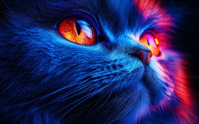 blaue katze, 4k, schnauze, durchdringender blick, gelbe augen, katzen, haustiere, süße tiere, kunstwerk, augen wie gimlets