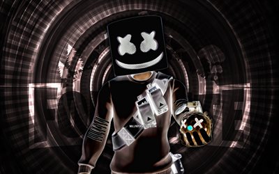 marshmello fortnite, 4k, brauner spiralhintergrund, fortnite, kreativ, marshmello skin, fortnite marshmello skin, marshmello, fortnite  charaktere