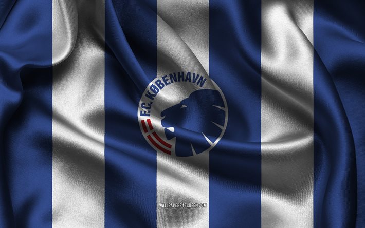 4k, شعار fc copenhagen, نسيج حرير أبيض أزرق, فريق كرة القدم الدنماركي, fc copenhagen emblem, الدنماركية superliga, fc copenhagen, الدنمارك, كرة القدم, fc copenhagen العلم, كوبنهاغن fc