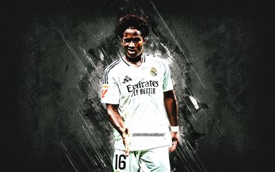 Endrick, Real Madrid, Brazilian football player, white stone background, grunge art, Endrick Felipe Moreira de Sousa, La Liga, Spain, football