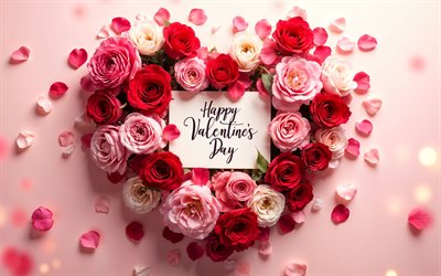 Happy Valentines Day, February 14, heart of roses, flower heart, roses, Valentines Day greetings, romance