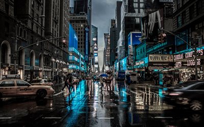 rain, streets, yellow taxi, Manhattan, New York, America, USA
