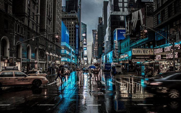 雨, 街並み, 黄色のタクシー, マンハッタン, ニューヨーク, 米, 米国