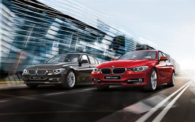 BMW 3, 2015, Berlines, F30, gris, rouge, BMW, route, vitesse, courses de rue