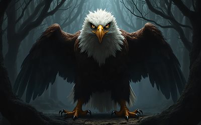 pygargue à tête blanche dans le noir, 4k, prédateur, forêt sombre, pygargue à tête blanche, prédateur dans le noir, forêt, symbole des états unis, oiseaux dangereux, aigles