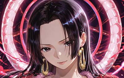 4k, boa hancock, pembe neon yüzükler, kapatmak, tek parça, karanlık, sanat eseri, kırmızı soyut arka plan, portre, korsan imparatoriçe, tek parça karakterler, kuja korsanları, manga, boa hancock tek parça