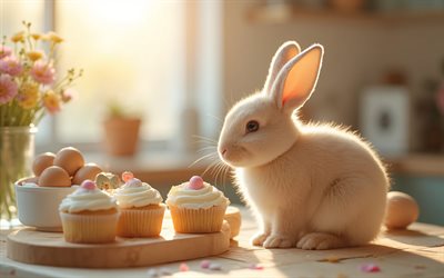 Easter Bunny, 4k, cute animals, Easter eggs, spring bouquet, Happy Easter, cute beige rabbit, Easter greeting card, spring, Easter