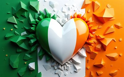 4k, amo irlanda, obra de arte, fondo colorido 3d, creativo, dia de irlanda, bandera de irlanda, arte 3d, corazón con bandera irlandesa, corazones 3d, bandera irlandesa, irlanda, amor por irlanda