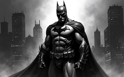 말 당번, 4k, 스케치 아트, dc 코믹스, 야경, 슈퍼 히어로, 단색화, 배트맨 아트, 팬 아트, 배트맨 4k