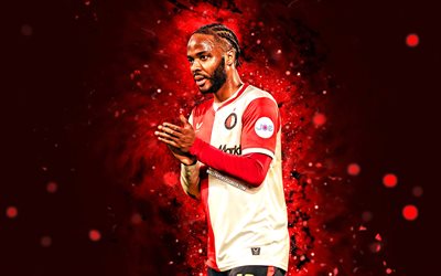 raheem sterling, 4k, luces de neón rojas, feyenoord fc, eredivisie, futbolistas ingleses, raheem esterlina 4k, fútbol americano, feyenoord, fútbol, feyenoord róterdam, raheem sterling feyenoord