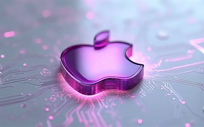lila leuchtendes apple logo, 4k, schwarzer technologiehintergrund, apple logo, apple emblem, apple 3d logo, apfelviolettes schild, apfel, apple logo aus glas