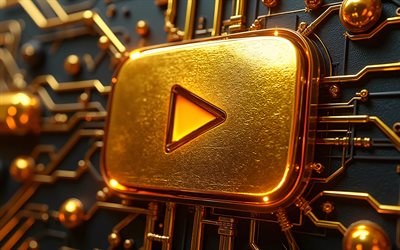 4k, YouTube golden button, bokeh, golden 3D background, darkness, YouTube metal logo, social network, brands, YouTube 3D logo, artwork, YouTube logo, YouTube