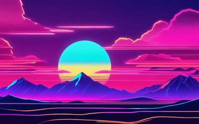 4k, 추상적 풍경, 달, 구름, 일몰, 산, 보라색 배경, 레트로 웨이브 아트, 미래 신스, 창의적인, 역파, 추상 자연 배경, 역파 풍경, 레트로웨이브 해변