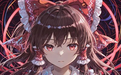 4k, reimu hakurei, rayos de neón rojos, fondo abstracto rojo, touhou, protagonista, hakurei reimu, manga japonés, personajes de anime, proyecto touhou, personajes touhou, reimu hakurei touhou