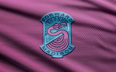 Forward Madison FC fabric logo, 4k, pink fabric background, USL League One, bokeh, soccer, Forward Madison FC logo, football, Forward Madison FC emblem, american soccer club, Forward Madison FC
