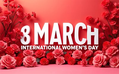 4k, internationaler frauentag, rote rosen, schönen 8 märz, 3d kunst, alles gute zum frauentag, rote hintergründe, vorlage vom 8 märz, 8 märz grußkarte, 8 märz