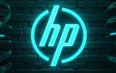 4k, leuchtendes hewlett packard logo, dunkelheit, türkisfarbener glanz, türkiser brickwall hintergrund, marken, türkises neon logo von hewlett packard, drähte, elektronikmarken, hewlett packard logo, hp logo, hewlett packard, ps