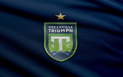 Greenville Triumph SC fabric logo, 4k, blue fabric background, USL League One, bokeh, soccer, Greenville Triumph SC logo, football, Greenville Triumph SC emblem, american soccer club, Greenville Triumph FC