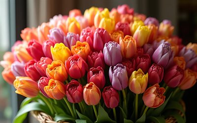 riesiger tulpenstrauß, frühlingsblumen, hintergrund mit tulpen, ein strauß bunter tulpen, frühling, tulpen, schöner blumenstrauß
