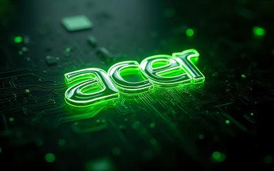 logotipo verde brilhante da acer, 4k, placa mãe preta, logotipo brilhante da acer, emblema acer, sinal verde da acer, logotipo da acer, fundo de tecnologia verde, acer