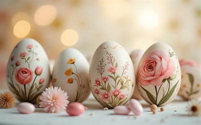 Easter eggs with roses, 4k, Happy Easter, Easter eggs, Easter concepts, Easter eggs with ornaments, roses, Easter greeting card, Easter