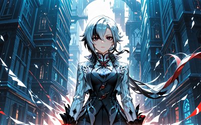 4k, أرليكينو, شارع, المباني, تأثير جينشين, عيون حمراء, شخصيات الانمي, عمل فني, ليلة, شخصيات جينشين إمباكت, تأثير أرليكينو جينشين