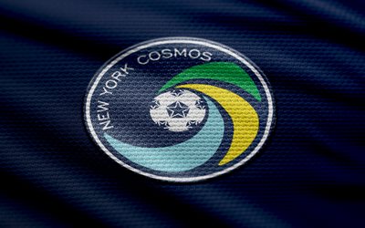 logo en tissu new york cosmos, 4k, fond de tissu bleu, ligue 1 de la usl, bokeh, football, logo du cosmos de new york, emblème du cosmos de new york, cosmos de new york, club de football américain, cosmos new yorkais