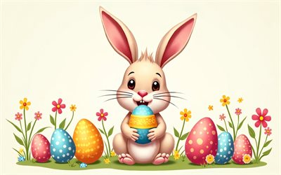 lapin de pâques avec des œufs de pâques, 4k, lapin de pâques vectoriel, joyeuses pâques, carte de voeux de pâques, lapin de pâques