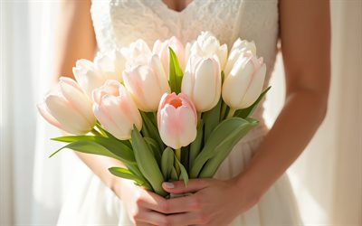 mariée avec des tulipes, 4k, idées de mariage, bouquet de tulipes blanches, bouquet de mariage, tulipes, bouquet de mariée