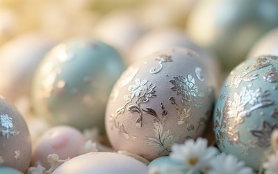 uova di pasqua con ornamenti in argento, 4k, buona pasqua, uova di pasqua, concetti pasquali, biglietto di auguri di pasqua, pasqua