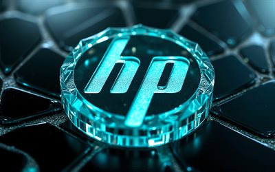 hp 3d türkis logo, schwarzer hintergrund mit türkisfarbenen adern, hp emblem, hp logo, hewlett packard logo, hewlett packard emblem, hewlett packard, ps, türkisfarbenes neonlicht