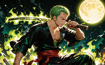 4k, Roronoa Zoro, green fire flames, sword, One Piece, kimono, moon, night, One Piece characters, manga, Pirate Hunter, Roronoa Zoro One Piece
