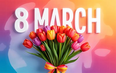 4k, 8 de março, criativo, tulipas coloridas, dia internacional da mulher, feliz 8 de março, fundo do arco íris, arte 3d, feliz dia da mulher, fundos coloridos, modelo de 8 de março, cartão comemorativo de 8 de março