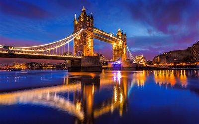 4k, pont de la tour, réflexion, nuit, monuments de londres, villes anglaises, tamise, londres, angleterre, royaume uni, paysages urbains d'horizon, londres la nuit