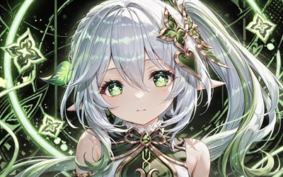 ناهدة, 4k, خلفية مجردة خضراء, تأثير جينشين, عيون خضراء, عن قرب, بطل الرواية, مانغا, شخصيات جينشين إمباكت, عمل فني, تأثير ناهدة جينشين