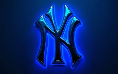new york yankees logotyp med blå neonbelysning, 4k, new york yankees emblem, new york yankees logotyp, new york yankees tecken, mlb, usa, baseball