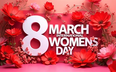 4k, يوم المرأة العالمي, إطار الزهور الحمراء, 8 مارس سعيد, فن ثلاثي الأبعاد, يوم سعيد للمرأة, خلفيات حمراء, قالب 8 مارس, 8 مارس، بطاقة معايدة, 8 مارس