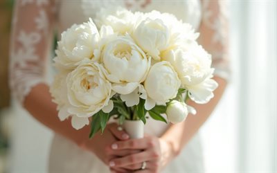 bukett vita pioner, 4k, brud med en bukett pioner, vita pioner, bröllopsbukett, bröllop koncept, pioner, brud