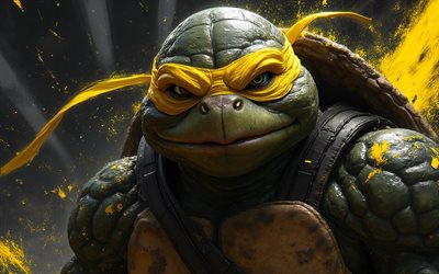 4k, michel ange, éclaboussures de peinture jaune, art grunge, tortues ninja adolescentes mutantes, obscurité, créatif, caractères tmnt, tortues mutées, michel ange modèle 3d, tmnt, tortues ninja, michel ange tmnt, michel ange 4k