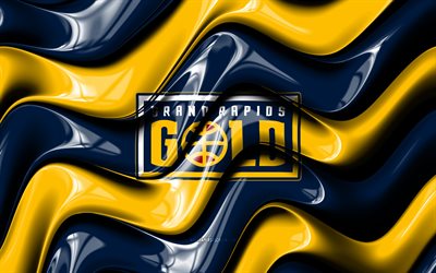 logotipo 3d dorado de grand rapids, 4k, ondas 3d amarillas azules, liga nba g, baloncesto, bandera de oro de grand rapids, logotipo de oro de grand rapids, emblema dorado de grand rapids, equipo de baloncesto americano, oro de grand rapids