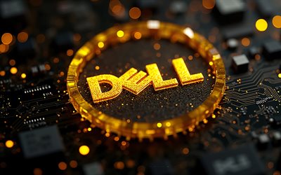 gelbes dell glitzerlogo, 4k, schwarzer technologiehintergrund, dell emblem, dell gelbes glitzerndes 3d logo, dell zeichen, schwarzes mainboard, dell gelbes glitzerschild, dell logo, dell