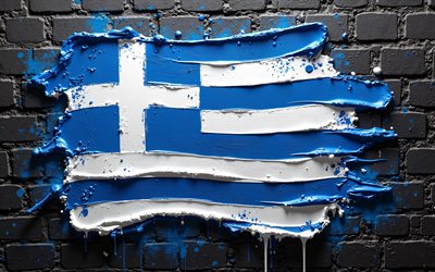 4k, bandera de grecia, creativo, grecia pinta la bandera, pared de ladrillo negro, pintar arte, bandera griega, salpicaduras de pintura, obra de arte, símbolos nacionales griegos, bandera de grecia 3d, grecia