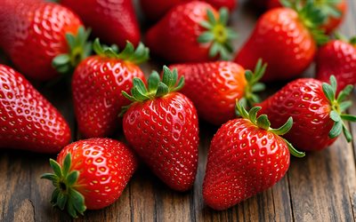 fresas, 4k, fresas maduras, fresas premium, bayas, frutas saludables, fresas sobre un fondo de madera