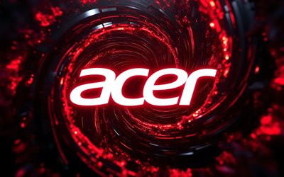 4k, leuchtendes acer logo, dunkelheit, rote 3d wirbelhintergründe, kunstwerk, rotes neon logo von acer, acer metalllogo, acer logo, elektronikmarken, acer