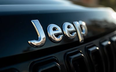 logotipo del jeep, 4k, capucha negra, signo de jeep, emblema del jeep, logotipo de jeep en el capó negro, autos americanos, jeep